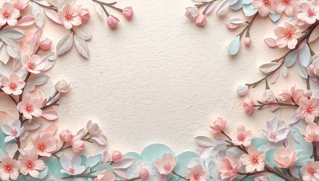 Pastel paper-cut cherry blossom border framing textured paper with aqua leaves