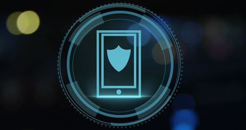 Protecting smartphone with glowing shield hud, circular interface rings and dark bokeh
