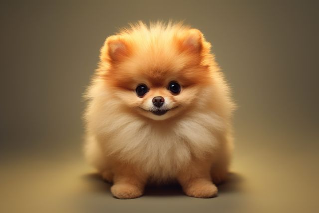 Adorable fluffy Pomeranian puppy posing on a seamless blurred background. Suitable for themes related to pets, animals, and domestic companionship. Can be used in advertising for pet products, greeting cards, or posters celebrating cute and lovable dogs.