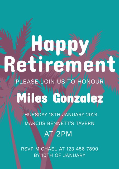 This stylish and vibrant retirement party invitation features bold text and a lively tropical palm leaves theme. Ideal for anyone planning a festive and memorable celebration. Perfect for evoking a cheerful and exotic atmosphere, it can be used to invite guests to a special event or gathering. Use it to set the tone for a delightful retirement party.