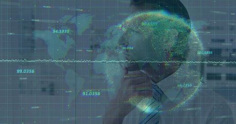 Executive analyzing 3D globe with numeric data, futuristic business visualization