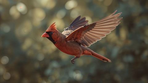 Northern Cardinal in Mid-Air, Vibrant Feather Display in Sunlit Garden