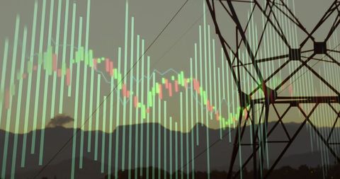 Electricity grid silhouette with candlestick market chart overlay representing energy trading