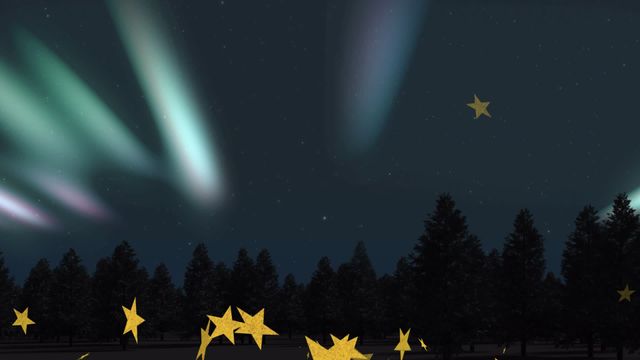 This animation depicts the serene beauty of a winter night with northern lights illuminating the sky over a quiet forest, augmented by floating stars. Suitable for holiday greetings, festive promotions, winter and Christmas-themed projects, or any use that seeks to evoke a sense of wonder and celebration.