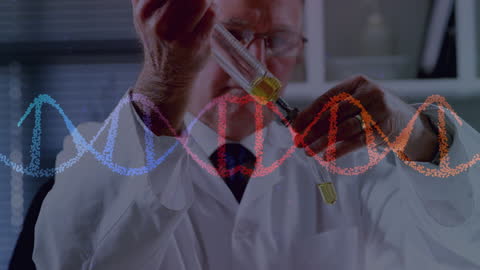 Scientist Conducting DNA Research with Double Helix Overlay