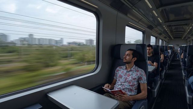 Man reading paperback on high-speed train, gazing out window at blurred cityscape