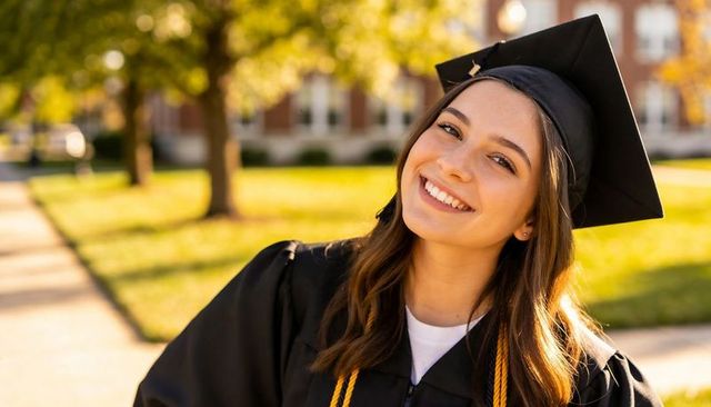 Smiling college graduate wearing mortarboard and gown with gold honor cords on campus lawn