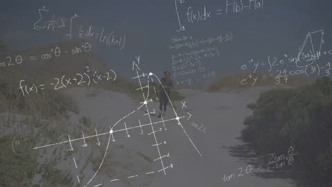 Caucasian Man Running Amidst Flowing Mathematical Equations