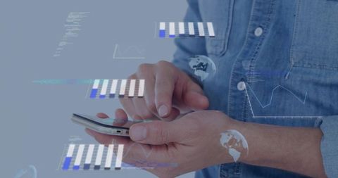 Tapping smartphone with data visualization overlay, male hands in denim shirt