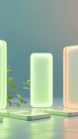 Vertical LED Panels Shifting to Green and Pulsing Glow on Minimalist Desk with Branch