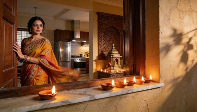 Indian woman in mustard sari lighting diyas on marble sill beside home shrine for diwali
