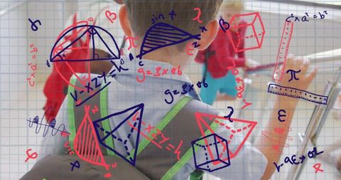 Students walking with green backpack straps passing colorful math overlays in school hallway