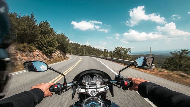 Motorcycle rider navigating mountain road curve with cockpit view and speedometer