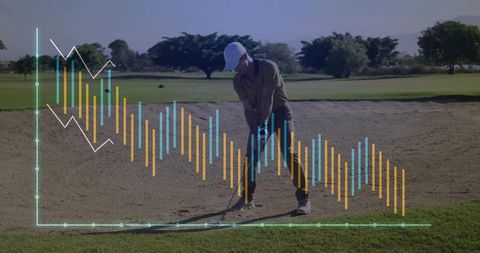 Golfer Strategizing in Sand Bunker with Analysis Overlay