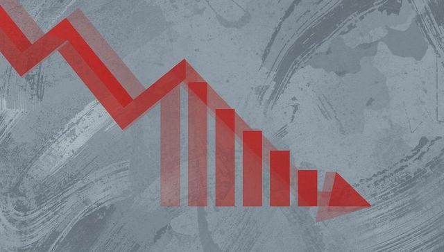 Downward trending arrow on bar chart over grey abstract background