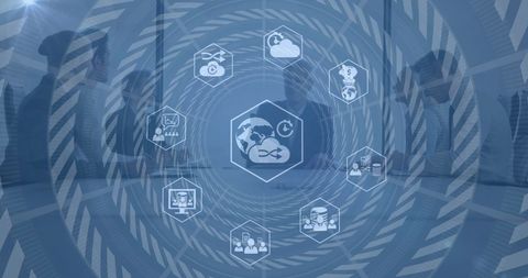 Business Professionals Analyzing Data Processes in Office with Global Icons - Download Free Stock Images Pikwizard.com