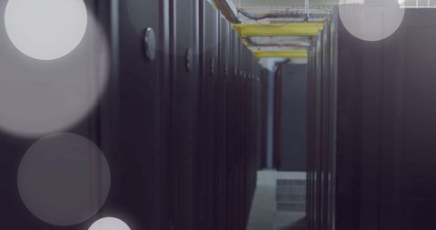 Modern Data Center Corridor with Servers and Bokeh Light Effects