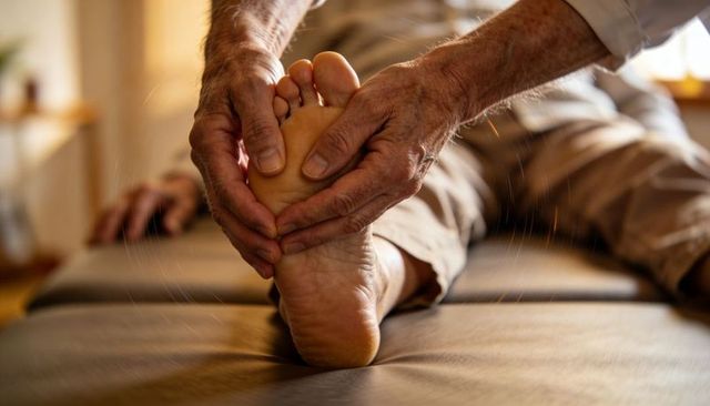 Senior foot massage by caregiver promoting mobility, comfort and therapeutic relief