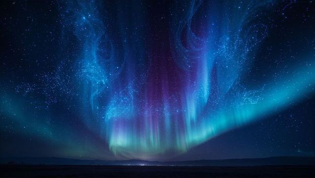 Aurora borealis curtains dancing over tundra with starfield and cosmic blue light