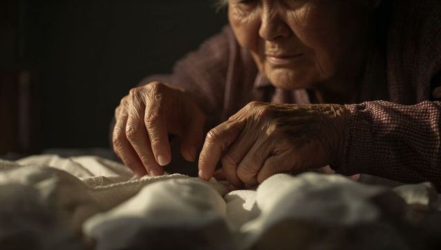 Elderly hands quilting fabric by hand close-up warm light senior sewing craftsmanship