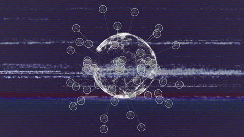 Interconnected Globe with Networking Icons and Digital Interference