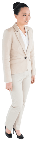 Asian Businesswoman Smiling in Beige Suit on Transparent Background