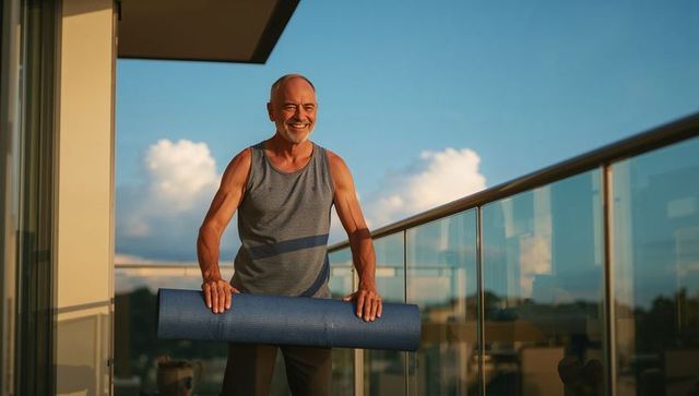 Smiling senior man rolling yoga mat on sunny balcony at sunrise