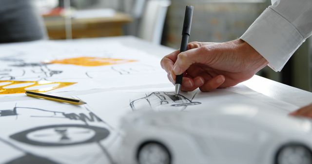 A close-up shows a person's hand sketching a concept design on paper, with copy space. Precision and creativity are evident as the individual outlines an innovative idea, in a design or architectural profession.