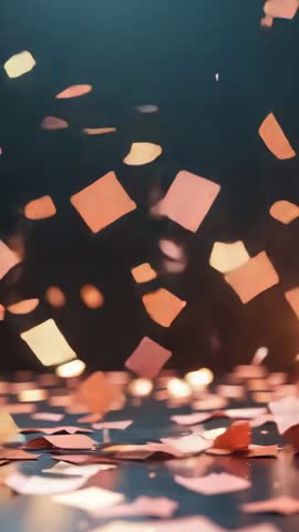 Vertical video of glowing confetti fragments drifting and forming carpet on reflective floor