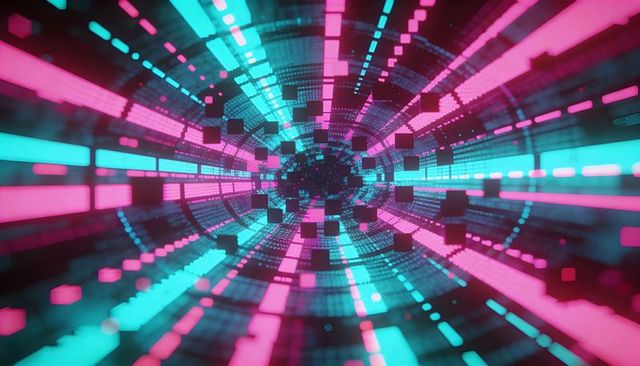 Neon data tunnel streaming magenta cyan vortex with floating cubes, glowing digital bars