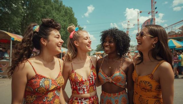 Diverse friends enjoy lively carnival under clear skies