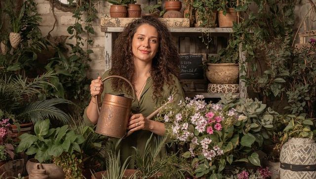 Smiling gardener holding copper watering can amid lush potted plants on rustic potting bench