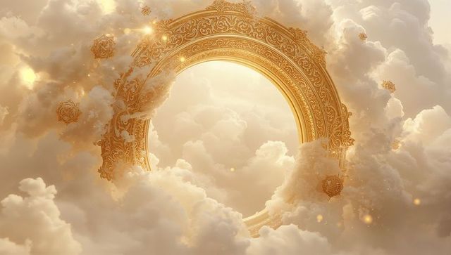Glowing golden portal ring emerging from clouds ornate filigree and floating medallions