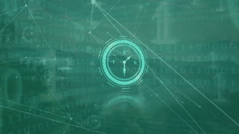Futuristic Clock Overlay on Digital Data Background