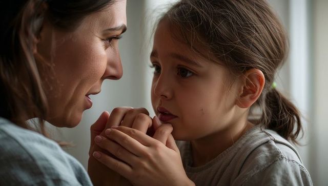 Mother comforting worried daughter holding hands by window in soft natural light