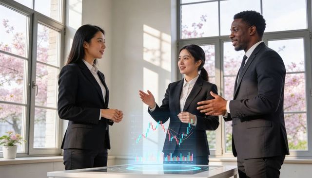 Diverse business team analyzing holographic financial chart during collaborative meeting