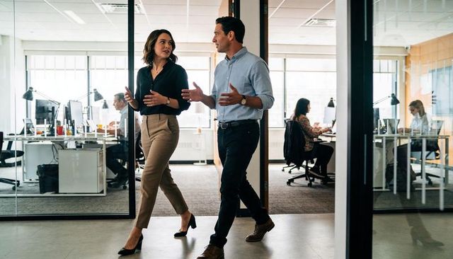 Two professionals walking and discussing strategy in modern glass-walled office