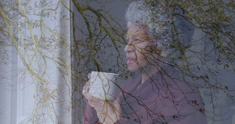 Elderly Woman Embracing Morning Tranquility by Window with Branch Overlay
