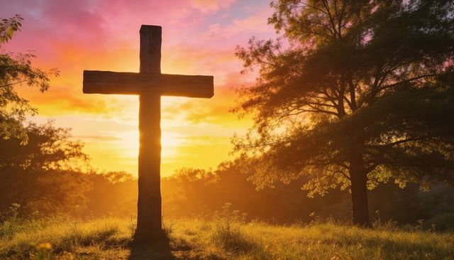 Weathered wooden cross silhouetting golden sunrise over misty meadow with wildflowers and oak tree