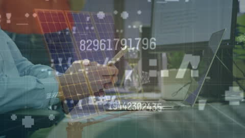 Businessman Analyzing Financial Data on Smartphone with Digital Overlay