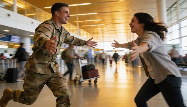 Soldier running to embrace partner at airport reunion joyful homecoming