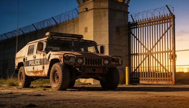 Rusted police armored suv sitting by barbed wire perimeter gate at sunset