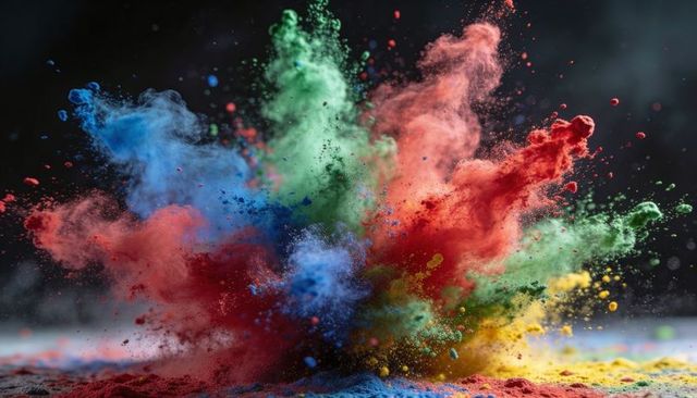 Explosive Color Powder Burst: Vibrant Red Blue Green Yellow Pigment Cloud Dark Backdrop