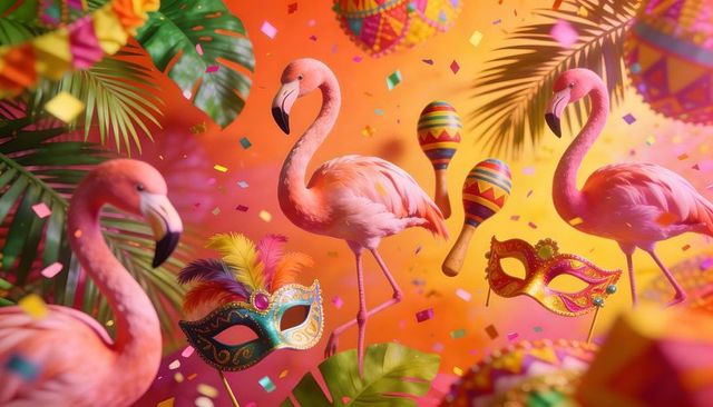 Pink flamingos celebrating tropical carnival with masquerade masks, maracas and confetti
