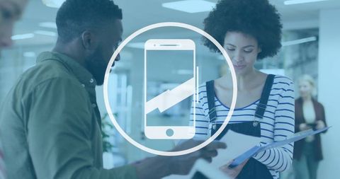 Office professionals collaborating in modern workspace with digital influence