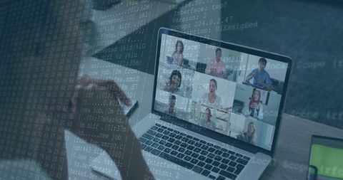 Virtual team meeting overlayed with coding screen technology