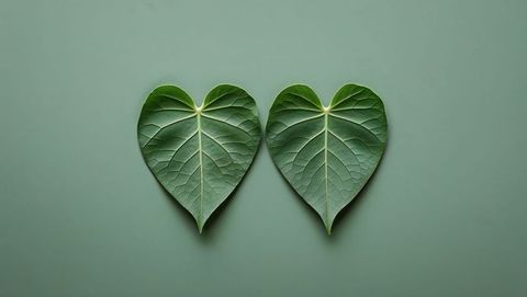 Heart-Shaped Leaves on Pastel Green Background Symbolizing Nature's Serenity