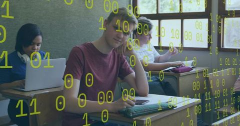 Teen resting head at desk using smartphone with digital binary code overlay in classroom