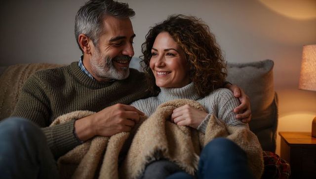 Middle-aged couple snuggling on couch under blanket, sharing cozy evening at home