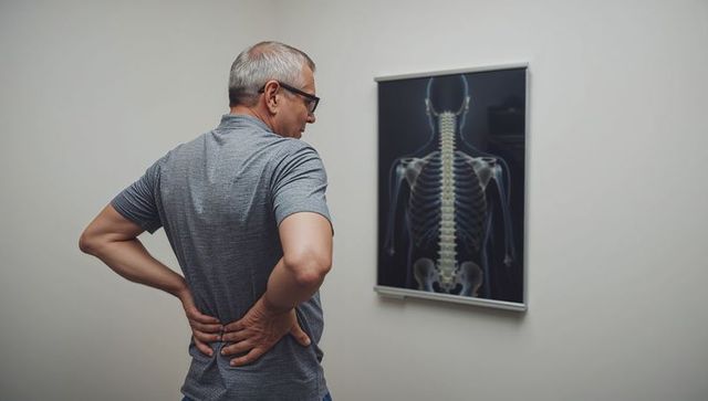 Senior man holding lower back while viewing spinal x-ray poster in clinic for back pain